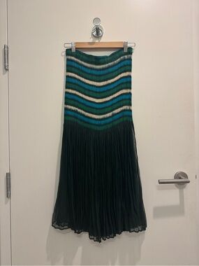 Issey Miyake Fete - Green Striped Pleated Midi Skirt